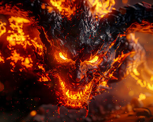A demonic creature with glowing eyes engulfed in flames, exuding a menacing presence. The eyes emit an eerie light, adding to the sinister aura as the demon stands amidst the fiery glow