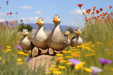 Family of ducks waddling through a field of wildflowers. Generative AI