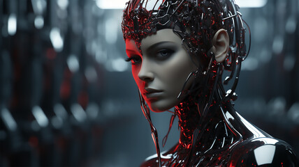 A futuristic cyborg with glowing red eyes and metallic limbs - obrazy, fototapety, plakaty
