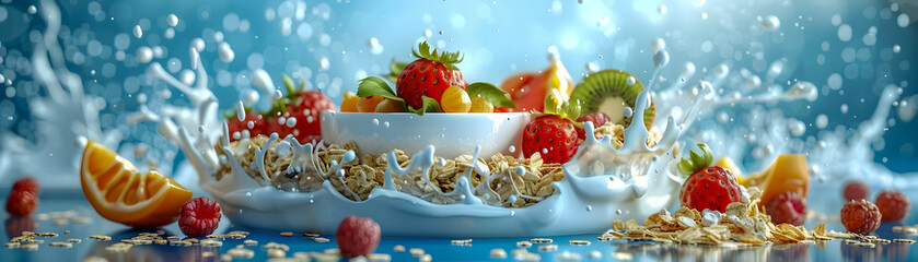 Obraz na płótnie Canvas A bowl of fruit and cereal is splashed with milk, creating a colorful