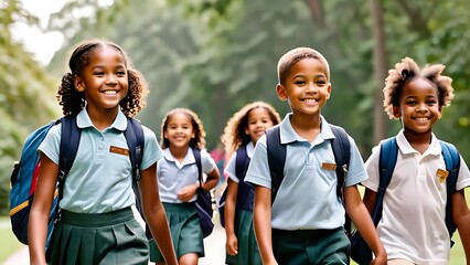 group of children walking side by side carrying backpacks and wearing school uniforms - obrazy, fototapety, plakaty