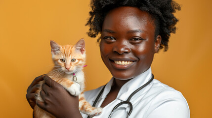 A female afro american veterinarian in a white uniform holds a kitten on a yellow background. Pet check. Copy space.
