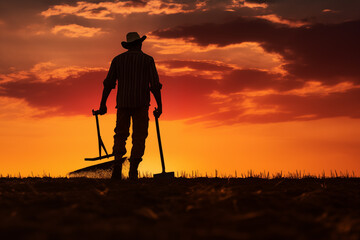 Farmer's silhouette against a backdrop of vibrant sunset colors. Generative AI