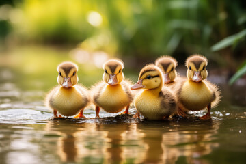 Cute ducklings walking in a line towards a glistening pond. Generative AI - obrazy, fototapety, plakaty