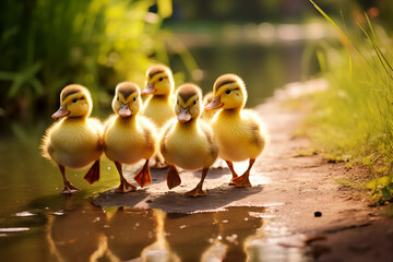Group of ducklings walking in a line towards a glistening pond. Generative AI