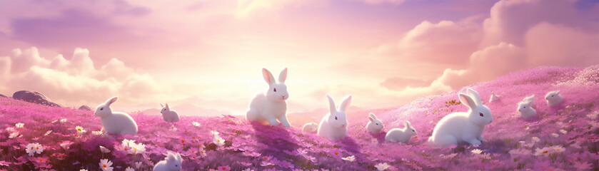 Pastel skies and fluffy bunnies in a peaceful meadow glitter and diamond dust style - obrazy, fototapety, plakaty