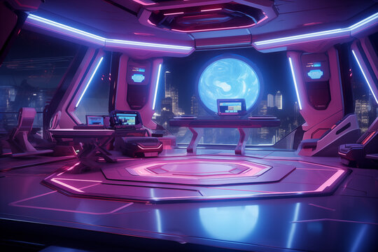 Modern futuristic spaceship interior bathed in the ethereal glow of neon light fixtures. Generative AI