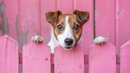 Curious puppy with paws up peeking over pink wooden background, on blurred backdrop with copy space