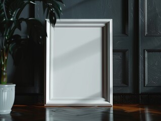 A closeup of a white poster frame mockup standing in a beautiful dark theme home, picture taken from a low perspective, and bokeh background ai generative images