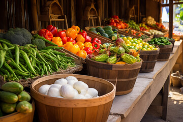 Food market stall overflowing with baskets of freshly harvested produce. Generative AI