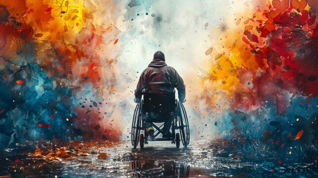 Watercolor painting capturing a person in a wheelchair against a backdrop of vibrant, splashed colors.