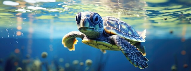 Cute big sea turtle in the coral reef on blue background. Ocean animal, underwater life. Threatened or endangered species. World turtle day