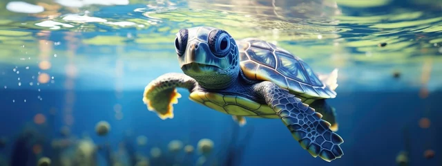 Poster Cute big sea turtle in the coral reef on blue background. Ocean animal, underwater life. Threatened or endangered species. World turtle day © ratatosk