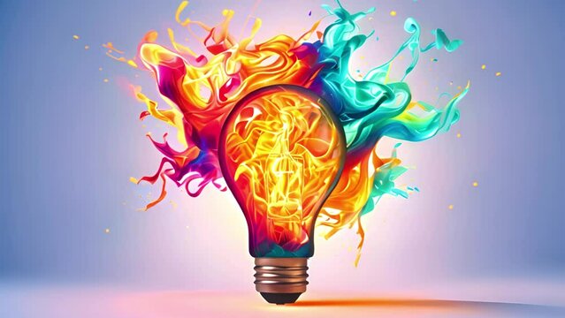 Creative light bulb exploding and splashing out with colorful paint and colors. New idea, brainstorming concept.