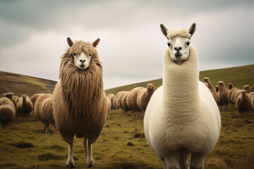 Naklejka premium Lamas standing watch over a flock of sheep. Generative AI