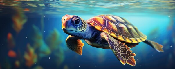 Cute big sea turtle in the coral reef on blue background. Ocean animal, underwater life. Threatened or endangered species. World turtle day