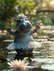A baby hippo practicing ballet in a river with water lilies as its audience