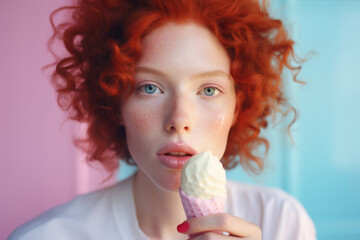 Portrait close up of a pretty red hair girl with ice cream