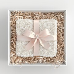 3D render of a box, white on the outside and inside, filled with light beige shredded wrapping paper. contains a natural loofah washcloth with the bow. Top view of the box. Pastel colors.