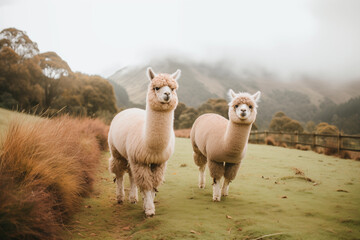 Fototapeta premium Alpacas grazing peacefully in a grassy field. Generative AI