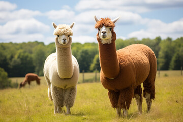 Fototapeta premium Pair of alpacas grazing peacefully in a grassy field. Generative AI