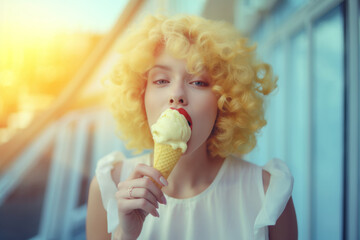 Outdoor portrait of a pretty woman with ice cream