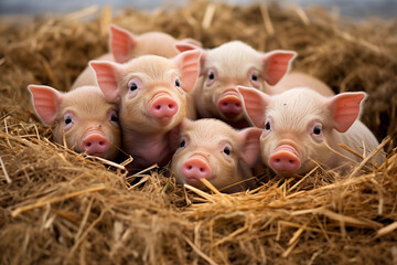 Piglets playfully rolling around in a bed of straw. Generative AI