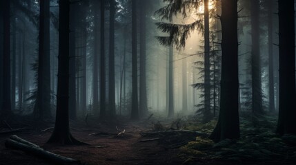 Moody forest with ethereal mist at twilight