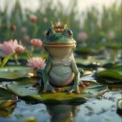 Frog prince wearing a tiny crown hopping from lily pad to lily pad