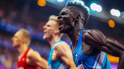 Male runner expressing triumph at an athletic competition, vibrant background lights enhancing the victory atmosphere. Success and achievement in sports concept - obrazy, fototapety, plakaty