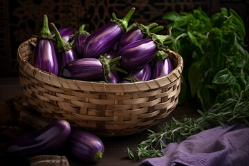 Fresh eggplants in wicker basket. Generative AI
