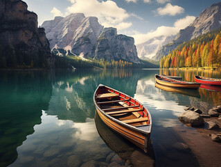 Brown wooden boat on lake near mountain during daytime - obrazy, fototapety, plakaty