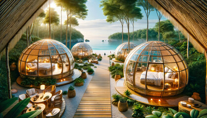Tropical Beachfront Geodesic Dome Resort.Eco-friendly igloo hotel crafted from sustainable materials like bamboo and recycled glass - obrazy, fototapety, plakaty