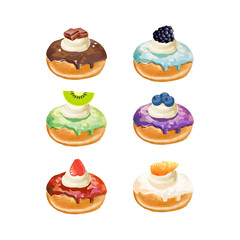 Hand drawn vector illustration of donuts with colored glaze and colorful sprinkles