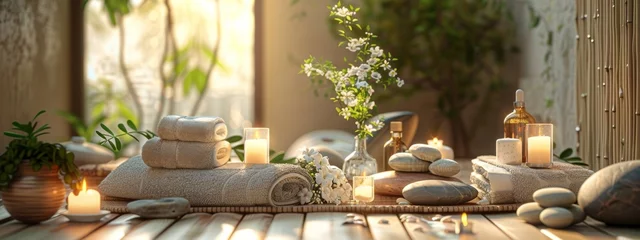 Papier Peint photo autocollant Spa Spa background towel bathroom white luxury concept massage candle bath. Bathroom white wellness spa background towel relax aromatherapy flower accessory zen therapy aroma beauty setting table salt oil