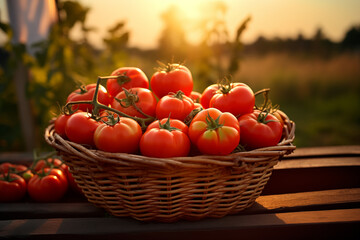 Freshly picked tomatoes in basket at dawn. Generative AI