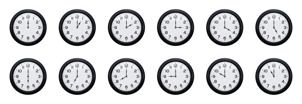 Generic clock displaying time at the top of every hour isolated on transparent background. 3D rendering
