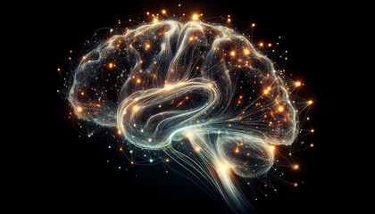 Abstract human brain neural network by colorful light particles flowing isolated on black background in concept A.I. artificial intelligence, science, technology, machine learning, neuroscience.