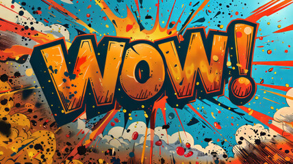 The word "WOW!" written in a speech bubble, in thick clear and readable font,generative ai