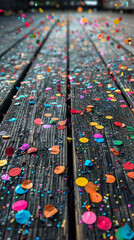 colorful confetti on the wooden floor natural light