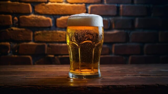 Close-up of a freshly poured glass of light beer with foam on a bar counter or wooden table against a background of a blurred country pub with dim lighting