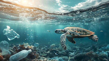 Underwater Peril: A Turtle Amidst Marine Pollution