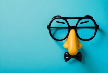 Happy april fool's day and funny pranks concept with a pair of comical glasses with bushy eyebrows and thick mustache isolated on blue background with copy space - obrazy, fototapety, plakaty