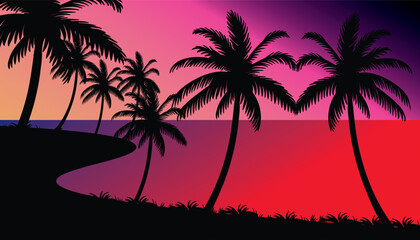 Cartoon flat panoramic landscape, sunset with the palms on colourful background.