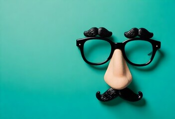 Happy april fool's day and funny pranks concept with a pair of comical glasses with bushy eyebrows and thick mustache isolated on blue background with copy space - obrazy, fototapety, plakaty