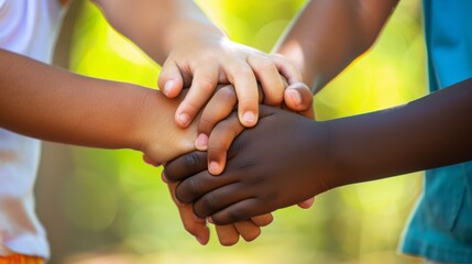 Multiracial children's hands together in unity. Diversity and friendship concept. Community support for social issue awareness design and banner - obrazy, fototapety, plakaty