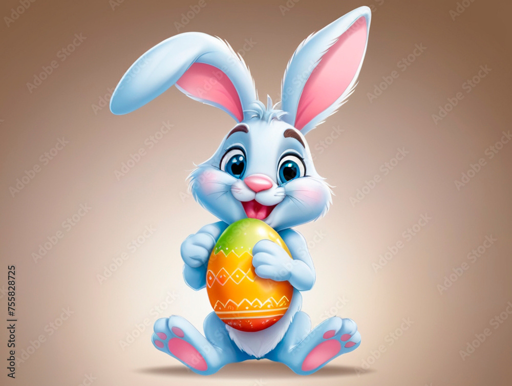 Wall mural a cute and kind easter bunny in cartoon style with big ears shines with a joyful smile, ready to giv