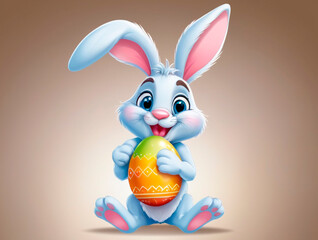 A cute and kind Easter bunny in cartoon style with big ears shines with a joyful smile, ready to give joy and cheer everyone who meets him on the way.