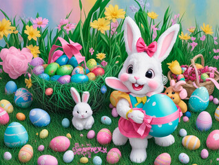 Cute and kind Easter bunnies in cartoon style with big ears shines with a joyful smile, ready to give joy and cheer everyone who meets him on the way.