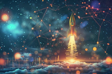 Rocket launching over a digital Bitcoin landscape - obrazy, fototapety, plakaty